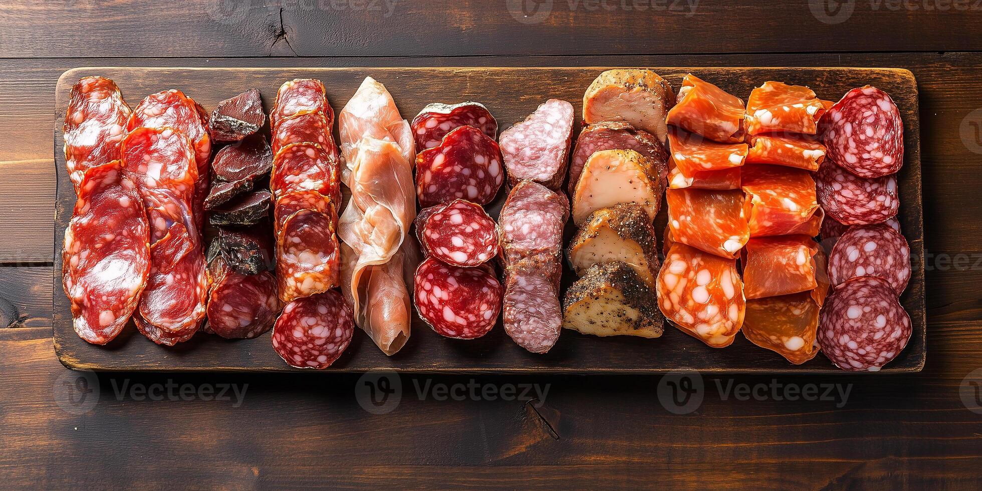 Variety of cured meats displayed evenly on a rectangular tray, gastronomy photography photo