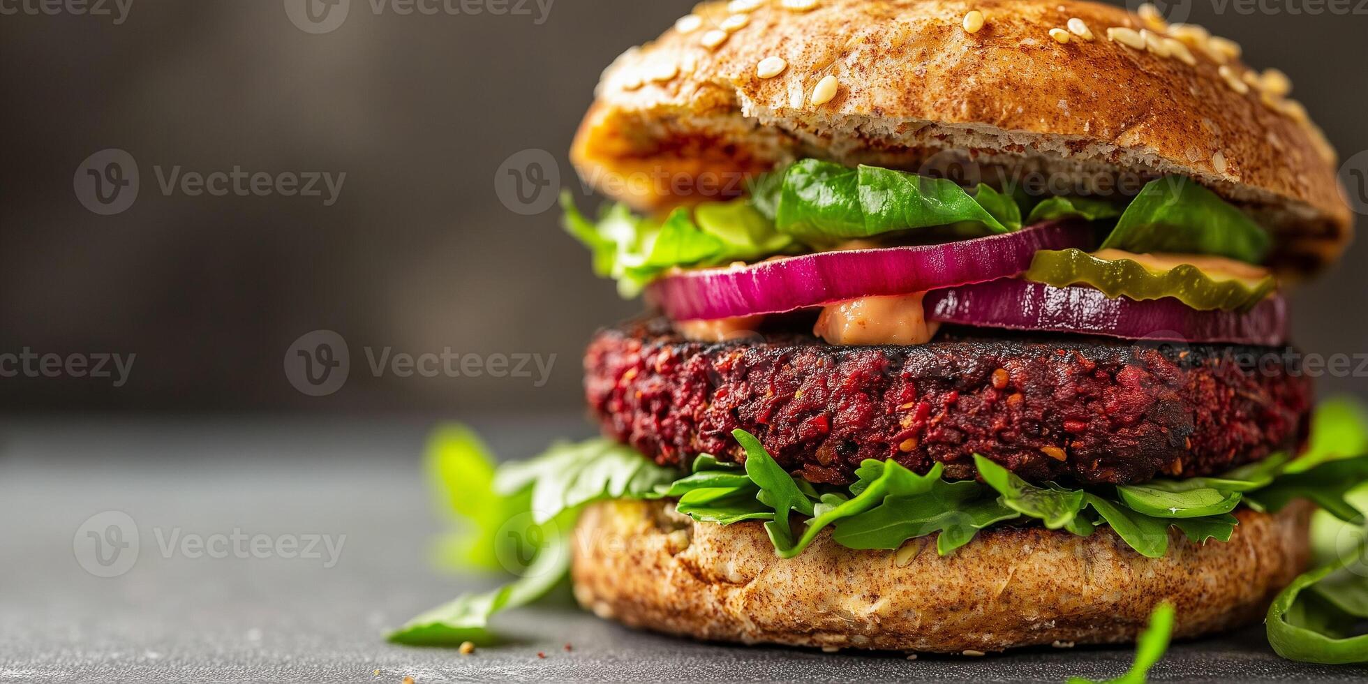 Close-up of a vegan burger with patty and plant-based fillings, lying flat, photorealistic food photo