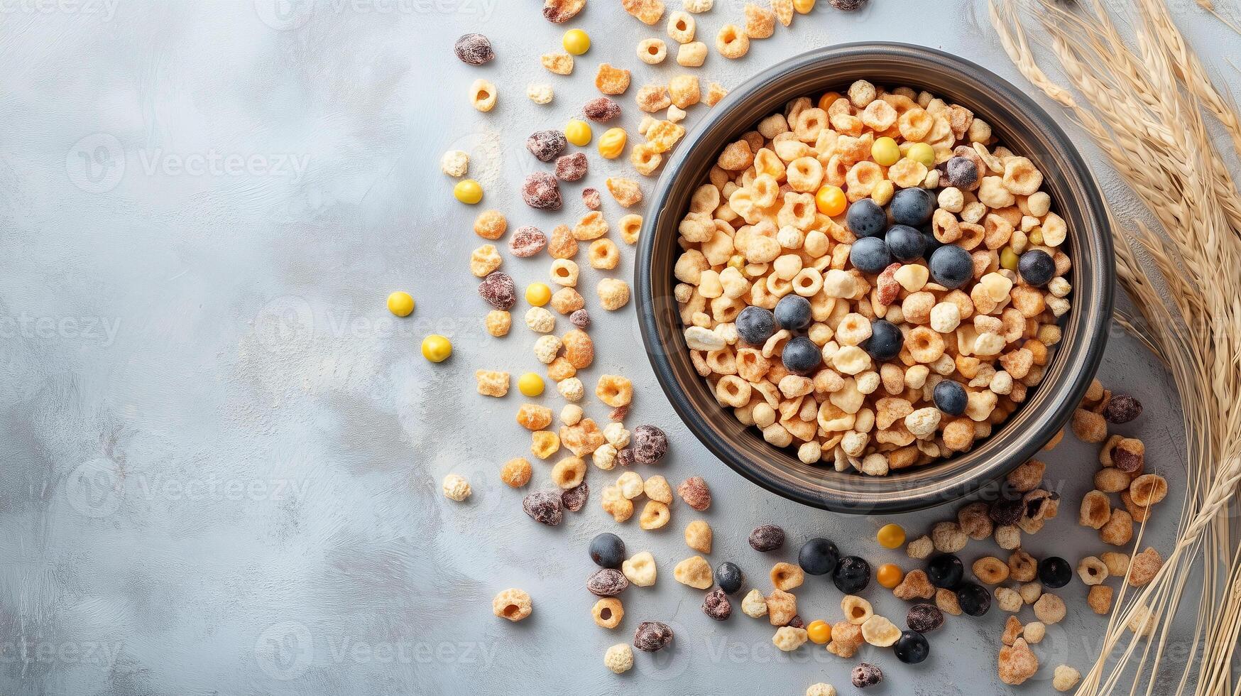 Close-up of cold cereals inside a bowl with scattered pieces, gastronomy photography photo