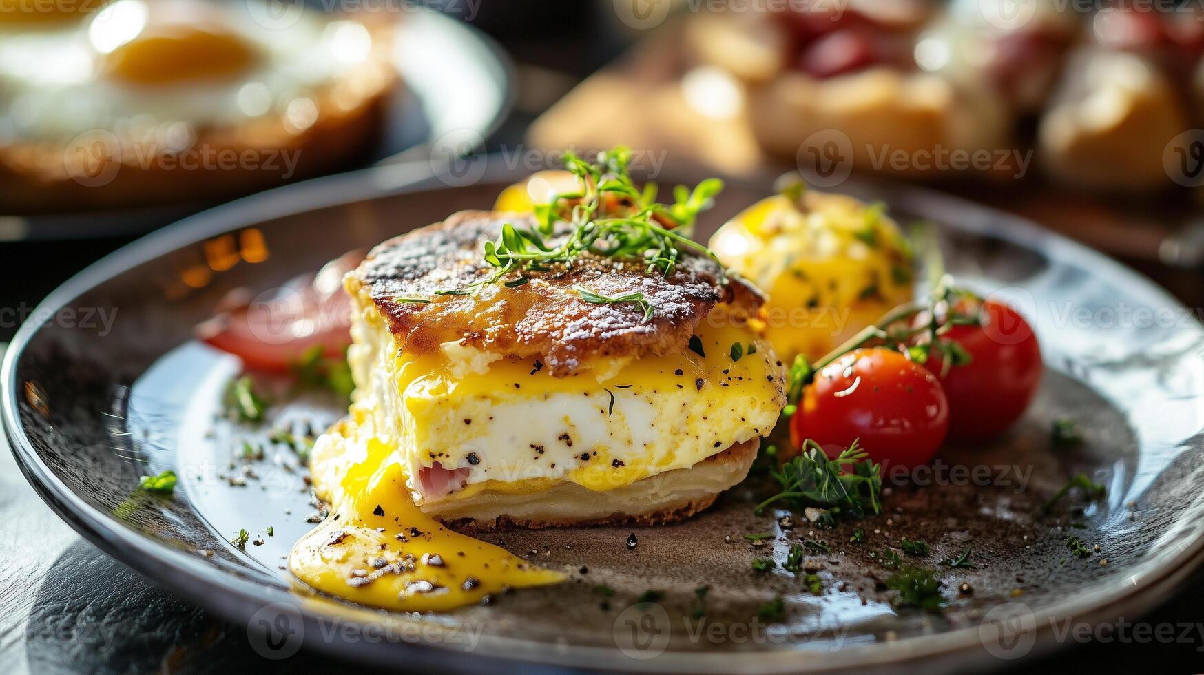 Close-up of egg dishes including quiche slice and eggs benedict, photorealistic food photo