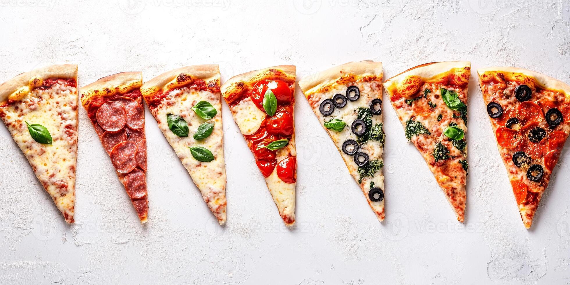 Pizza slices laid out in a line, highlighting the consistency in crust and toppings, photorealistic food photo