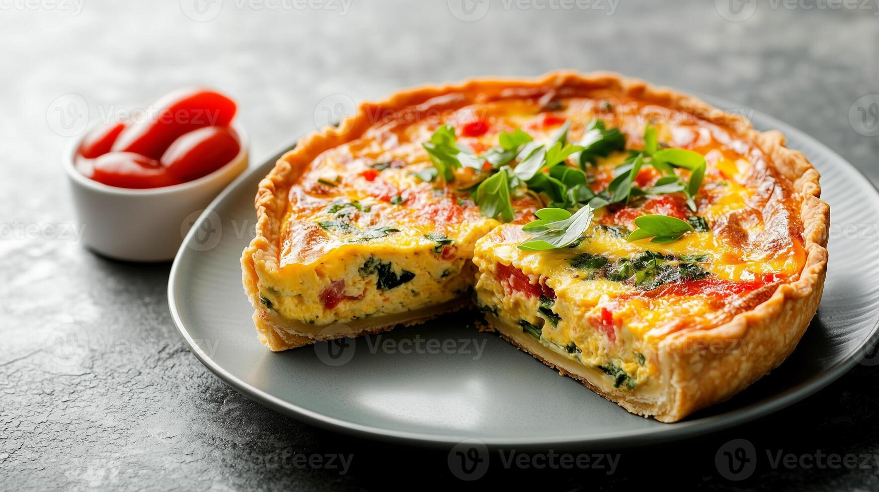 Plate with quiche slice, glass of water, and napkin on the side, photorealistic food photo