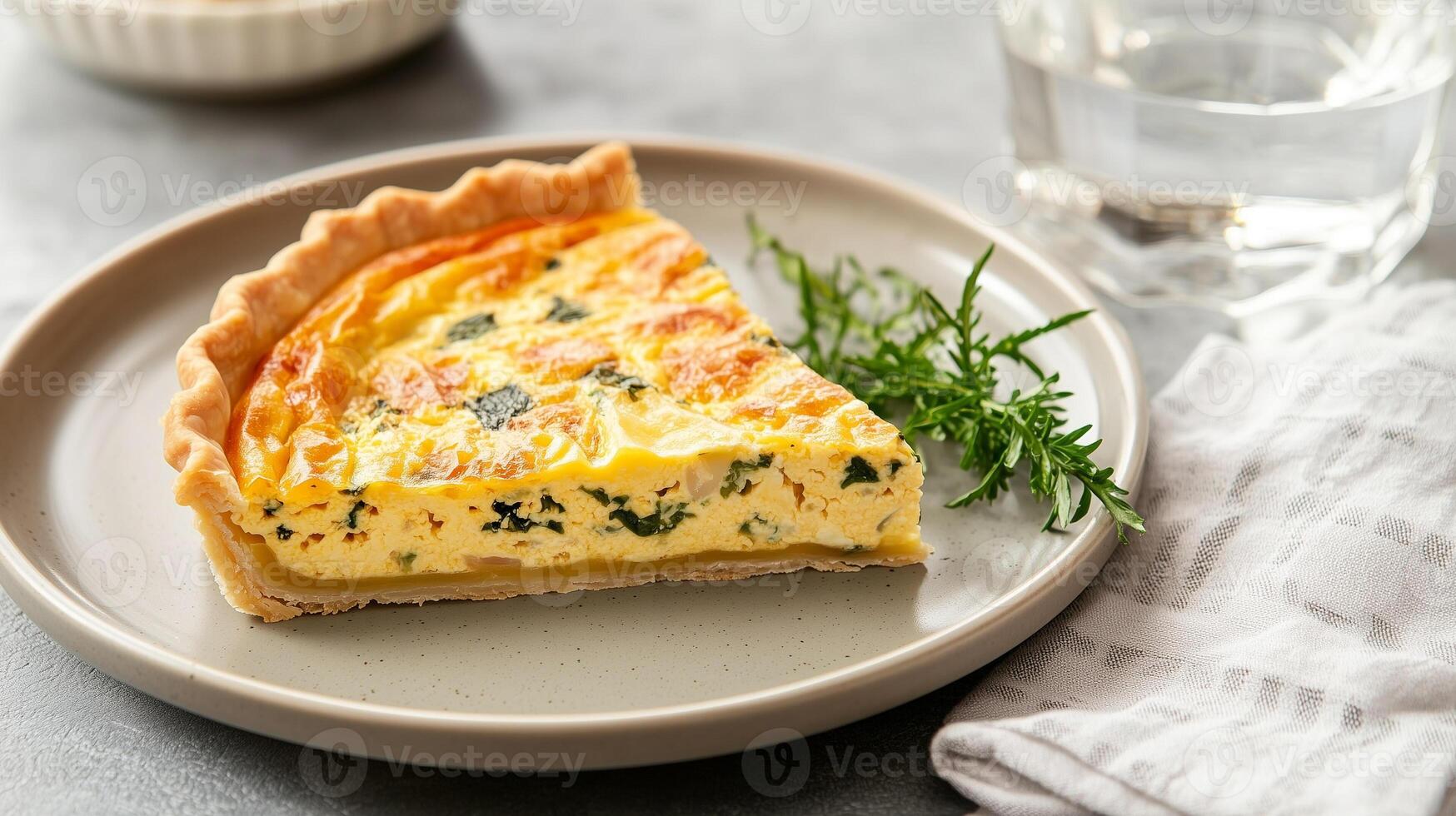 Plate with quiche slice, glass of water, and napkin on the side, gastronomy photography photo