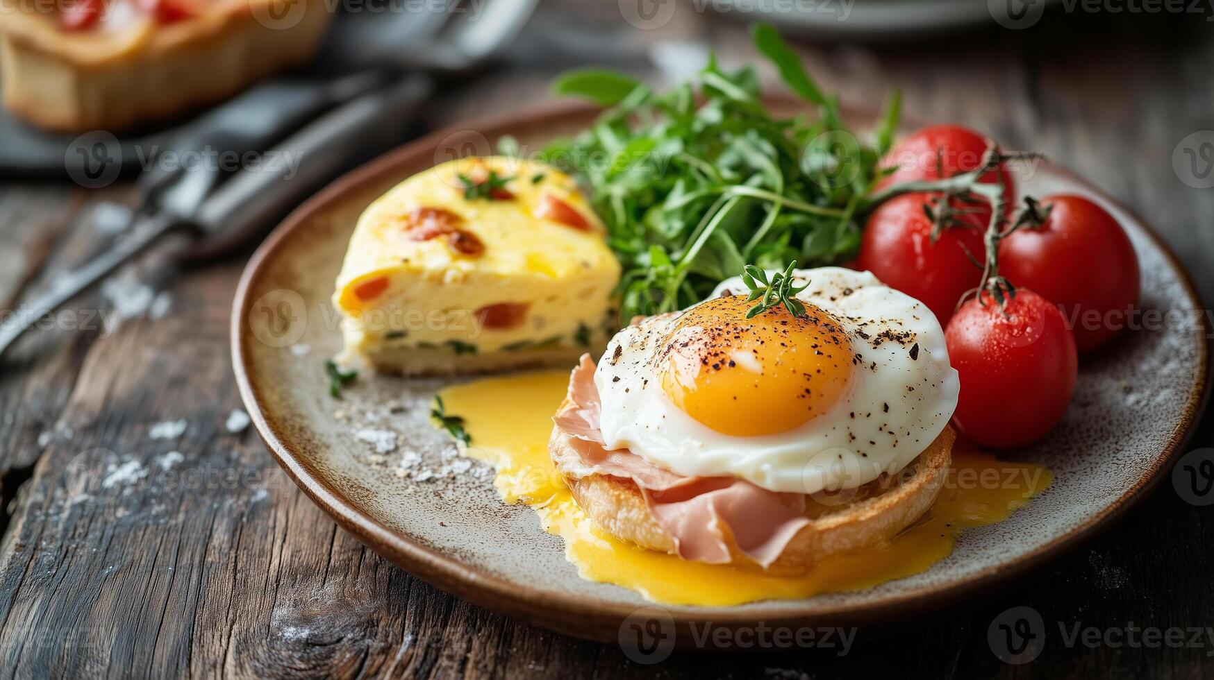 Plate filled with assorted egg dishes, including eggs benedict and a small quiche slice, photorealistic food photo