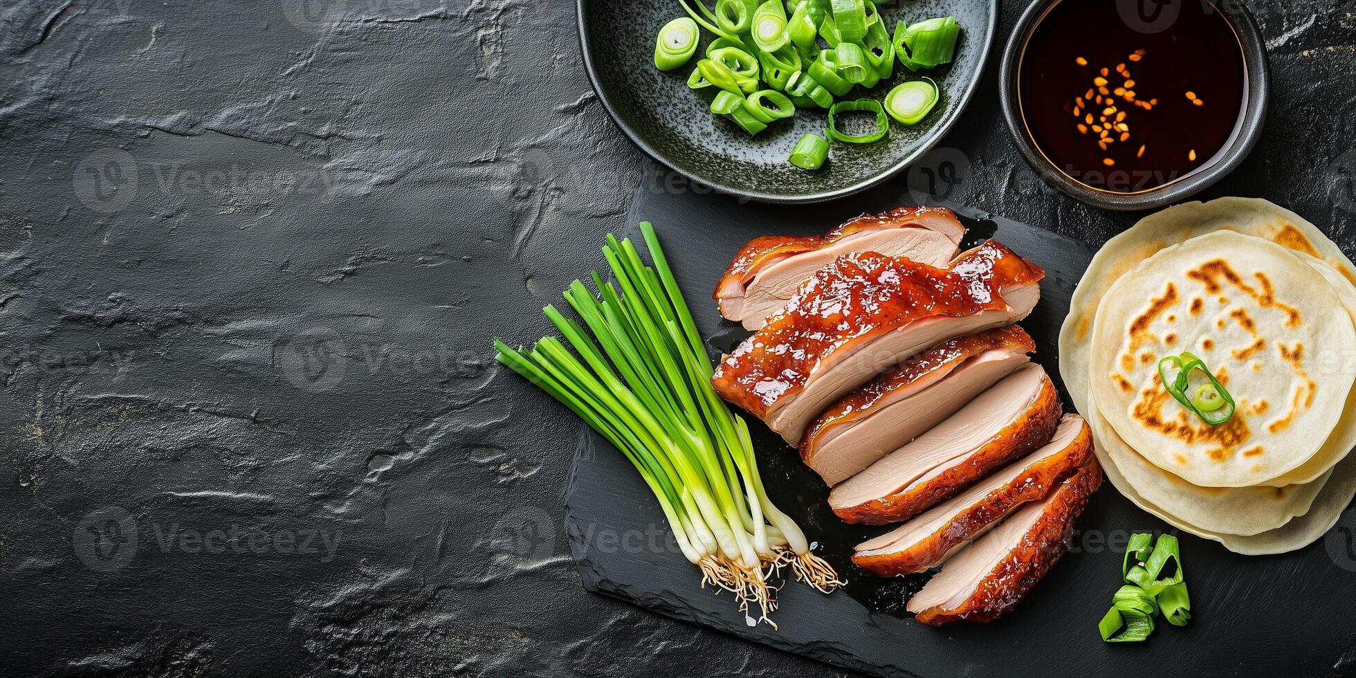 Peking duck with pancakes and scallions, photorealistic food photo
