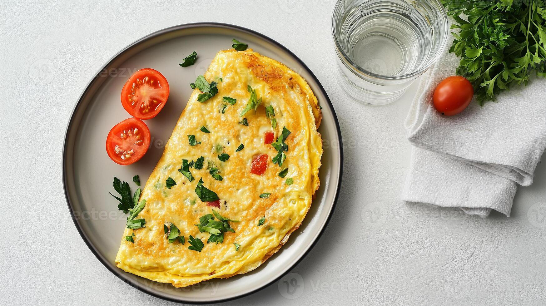 Plate filled with an omelet, placed beside a glass of water and a napkin, gastronomy photography photo