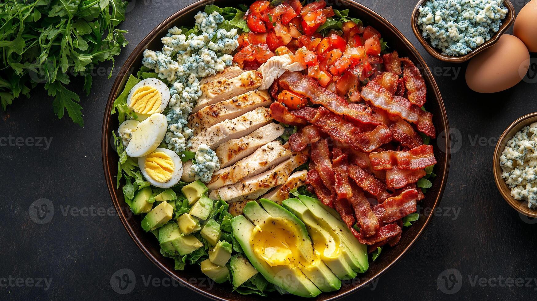 Cobb salad in a large bowl with rows of chicken, bacon, avocado, eggs, and blue cheese, meal photography photo