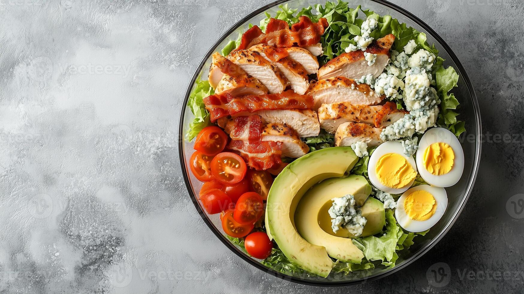 Cobb salad in a glass bowl combining chicken, bacon, avocado, eggs, tomatoes, and blue cheese, food setting photo