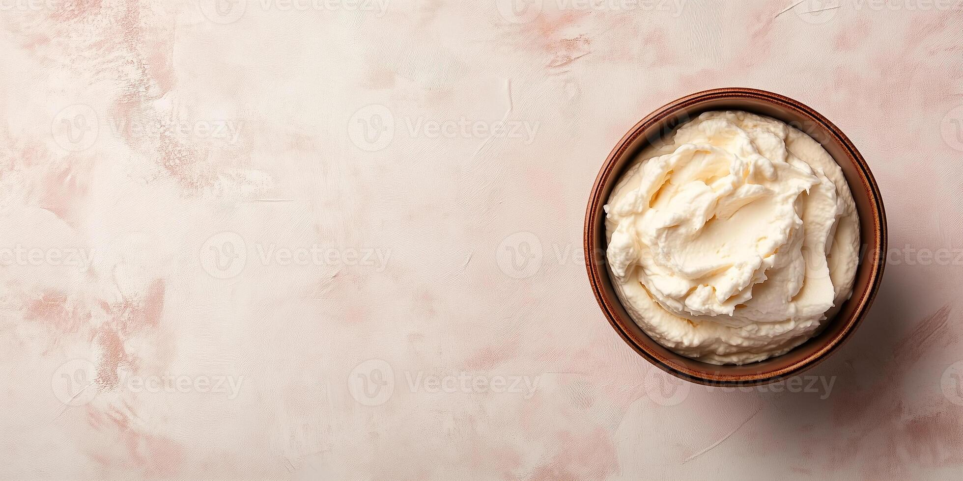 Top-down view of mousse in a small bowl with an even surface, meal photography photo