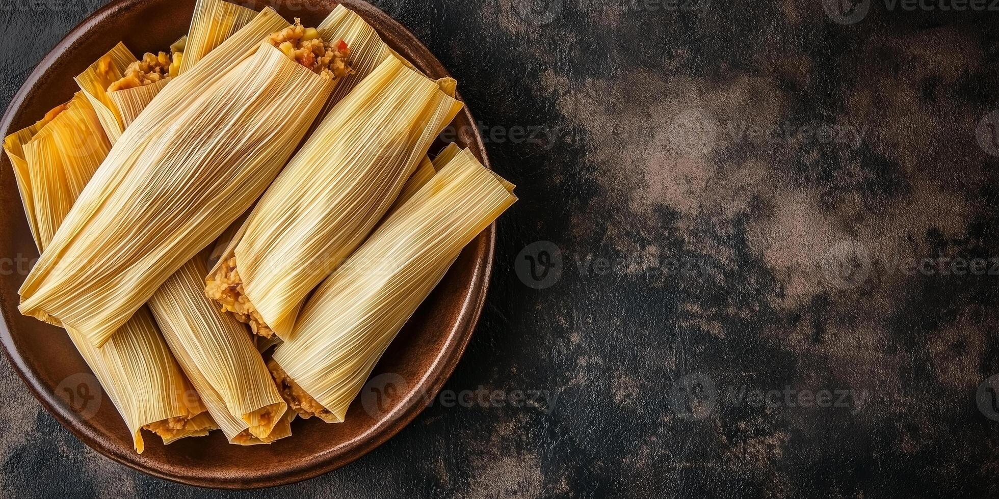 Top-down view of tamales with corn husks wrapped around the filling, neatly arranged on a dish, meal photography photo