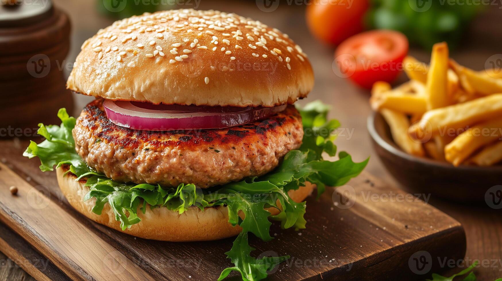 Turkey patty on a whole wheat bun with lettuce, tomato, and onions with fries, food setting photo
