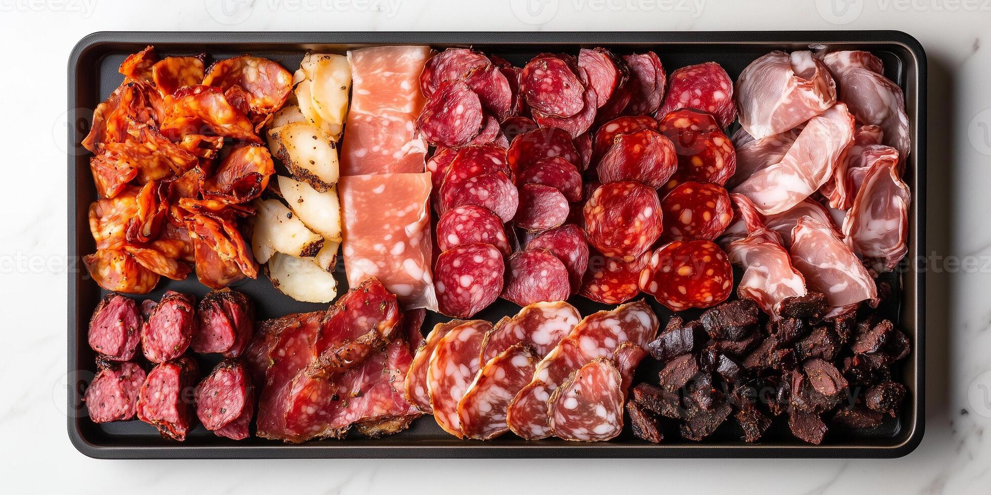 Variety of cured meats displayed evenly on a rectangular tray, meal photography photo
