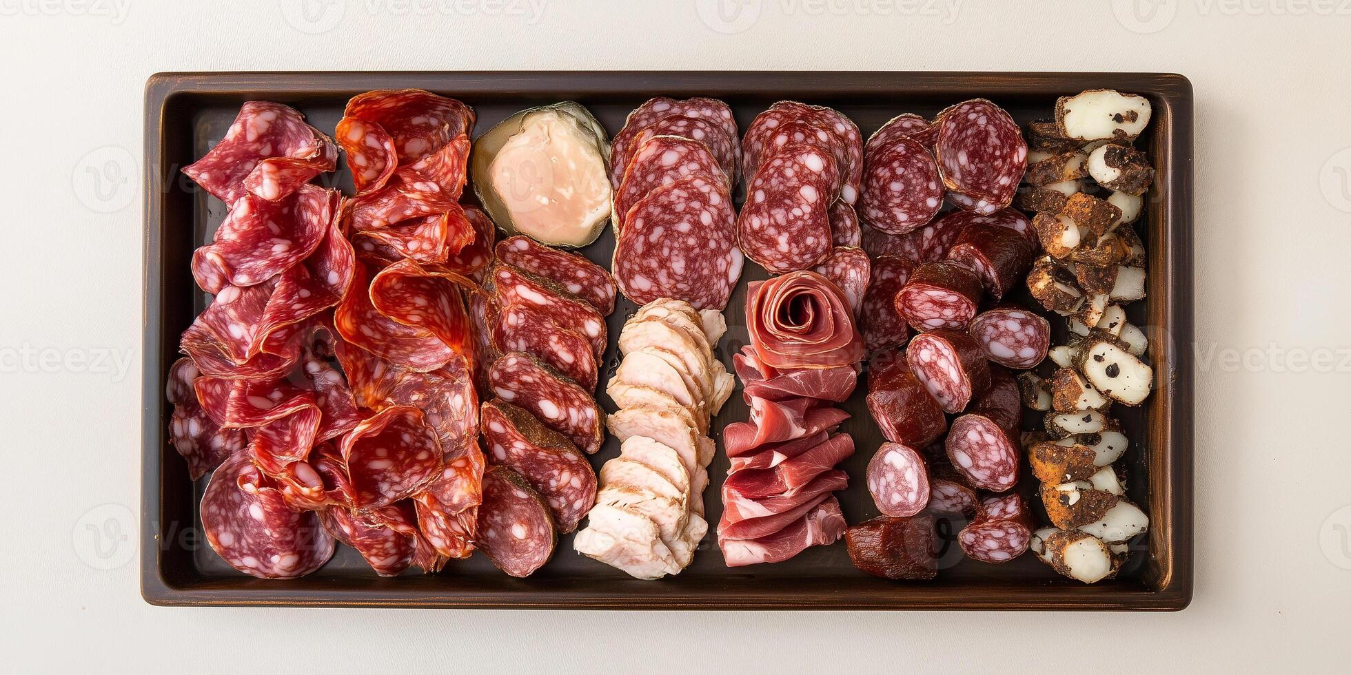 Variety of cured meats displayed evenly on a rectangular tray, food setting photo