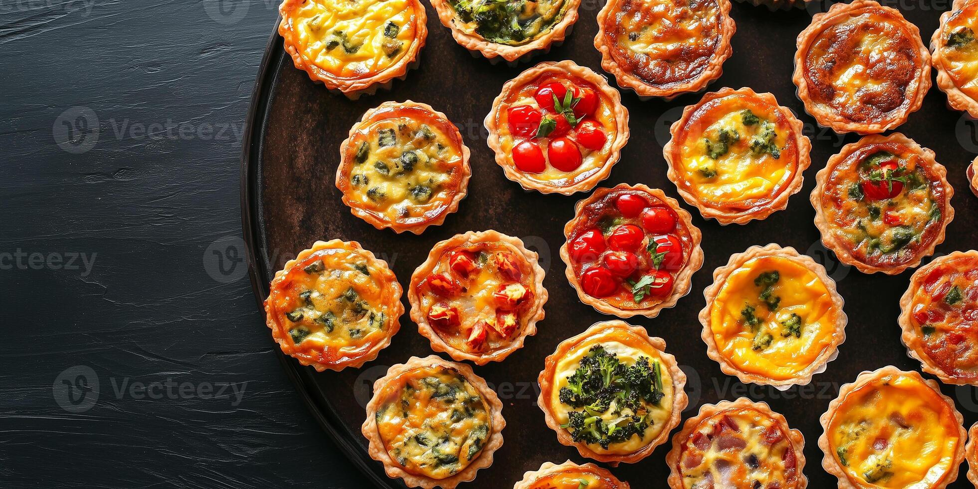 Mini quiches displayed in a grid on a large platter, meal photography photo