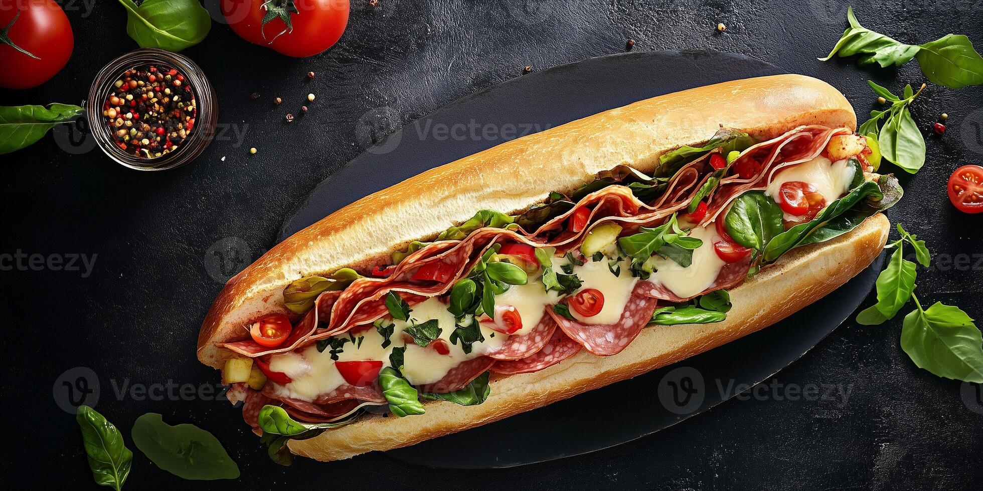 Whole Italian sub on a plate, packed with meats, cheese, and fresh vegetables, food setting photo