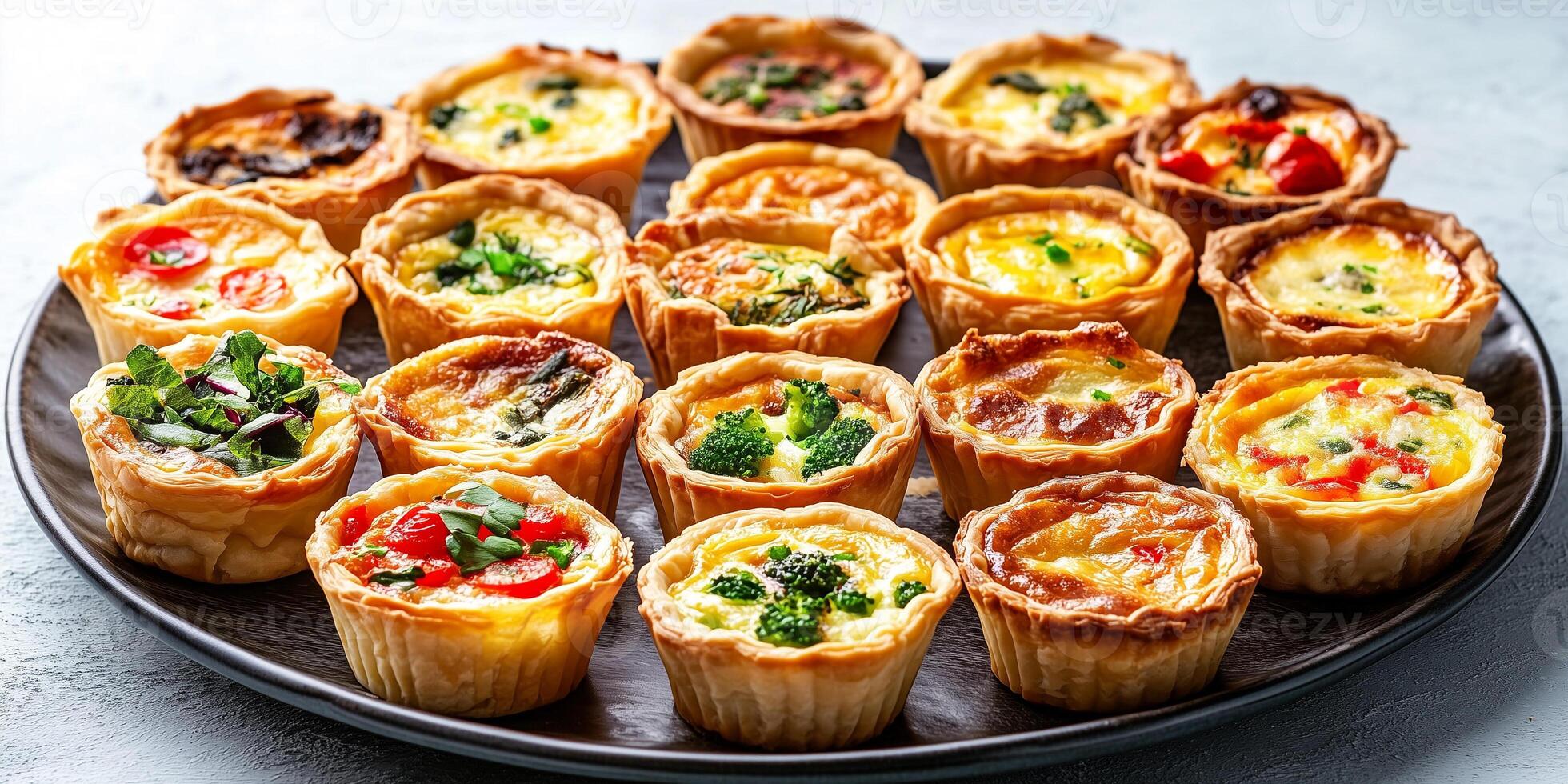 Mini quiches displayed in a grid on a large platter, food setting photo