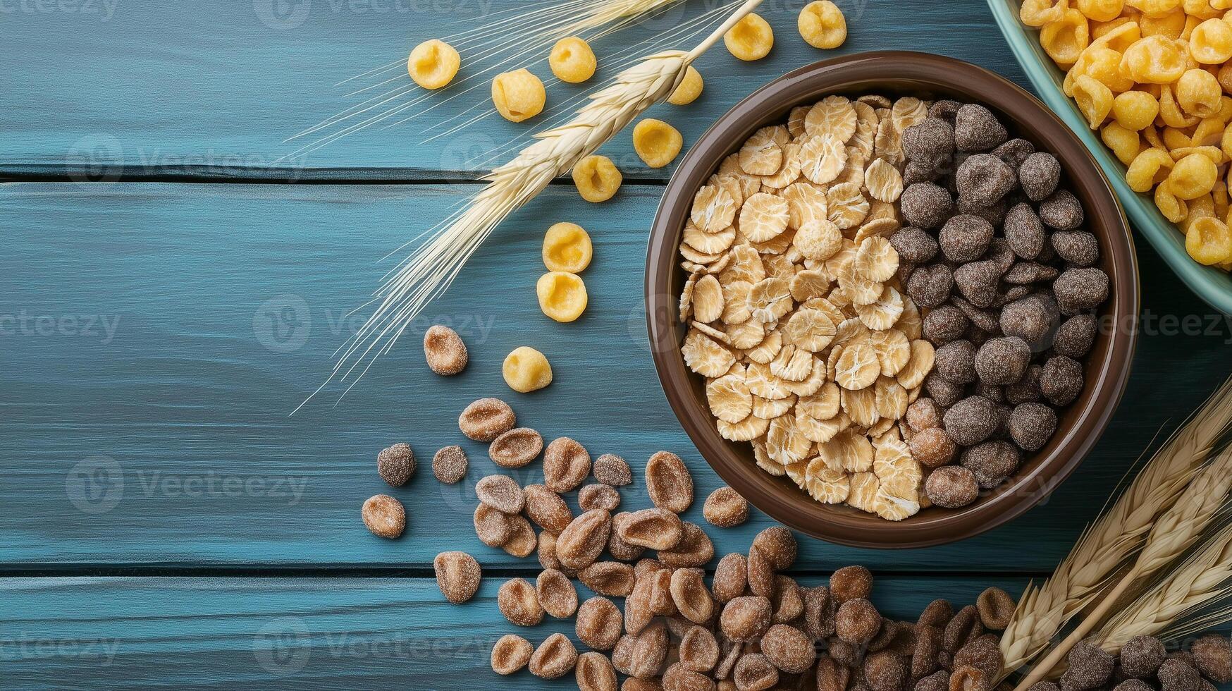 Close-up of cold cereals inside a bowl with scattered pieces, meal photography photo