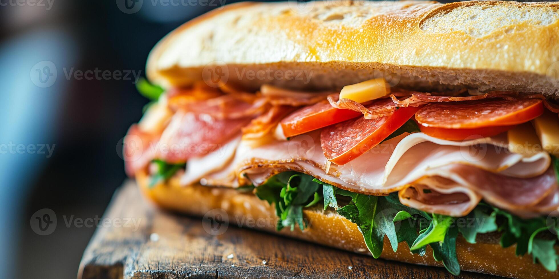 Close-up of Italian sub, showing layers of deli meat, cheese, and fresh vegetables, meal photography photo