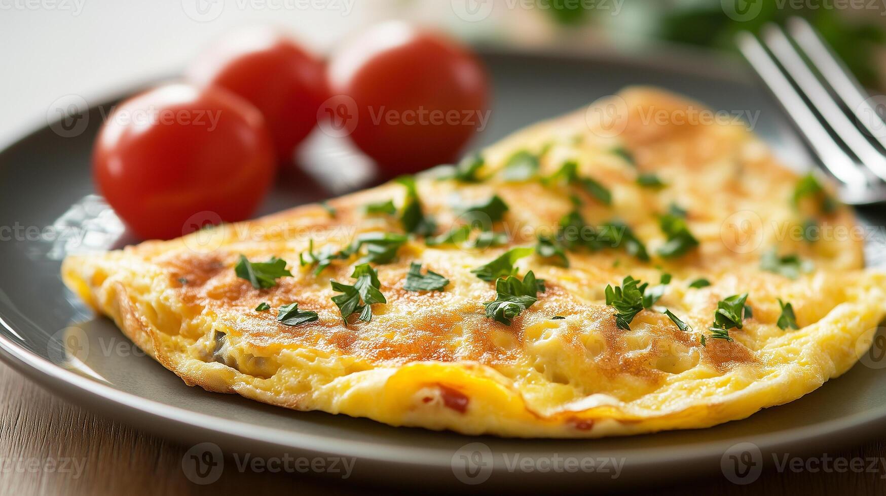 Close-up of an omelet on a plate, with visible fillings and a fork resting nearby, food setting photo