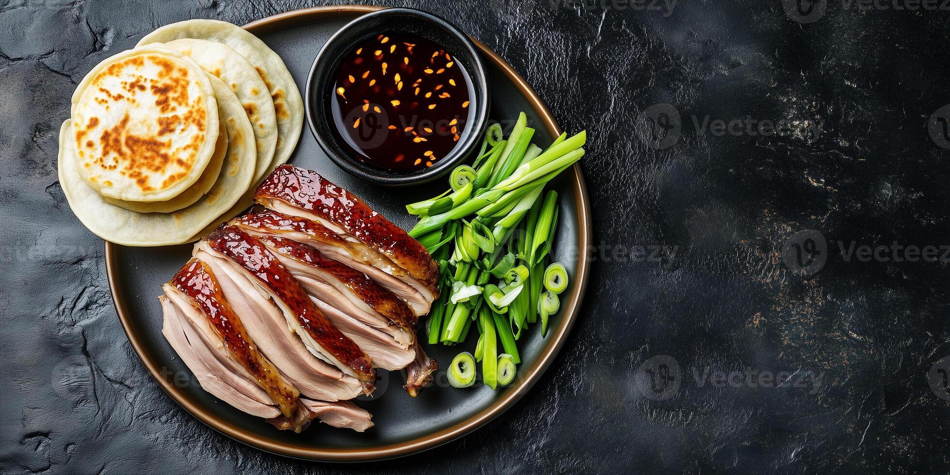 Peking duck with scallions and hoisin sauce, food setting photo