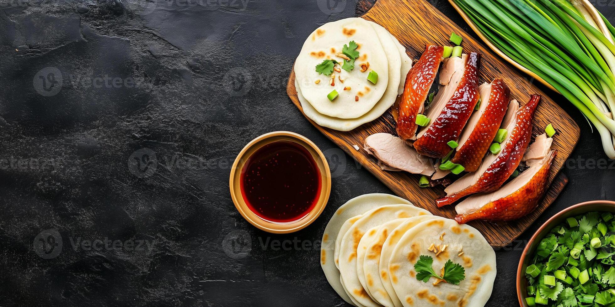 Peking duck with scallions, pancakes, and hoisin sauce, meal photography photo