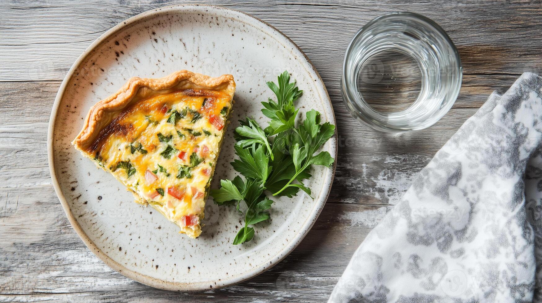 Plate with quiche slice, glass of water, and napkin on the side, meal photography photo