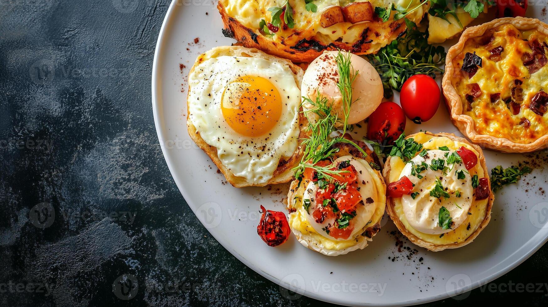 Plate filled with assorted egg dishes, including eggs benedict and a small quiche slice, food setting photo