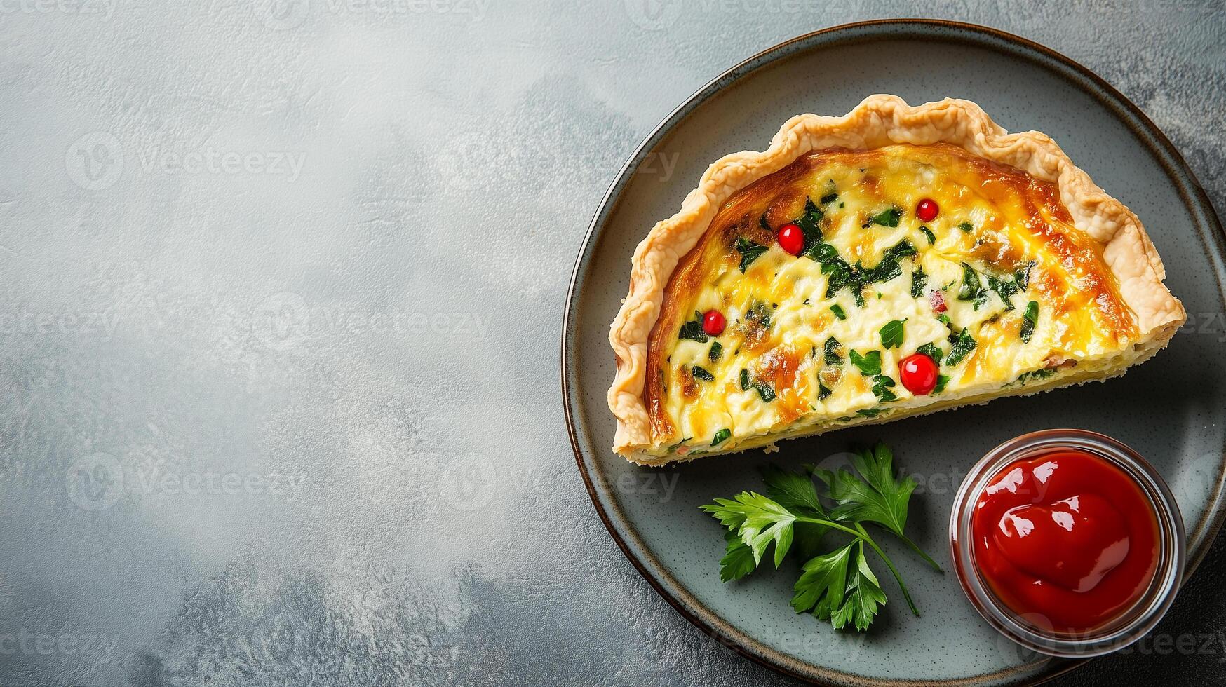 Plate with quiche slice, glass of water, and napkin on the side, food setting photo