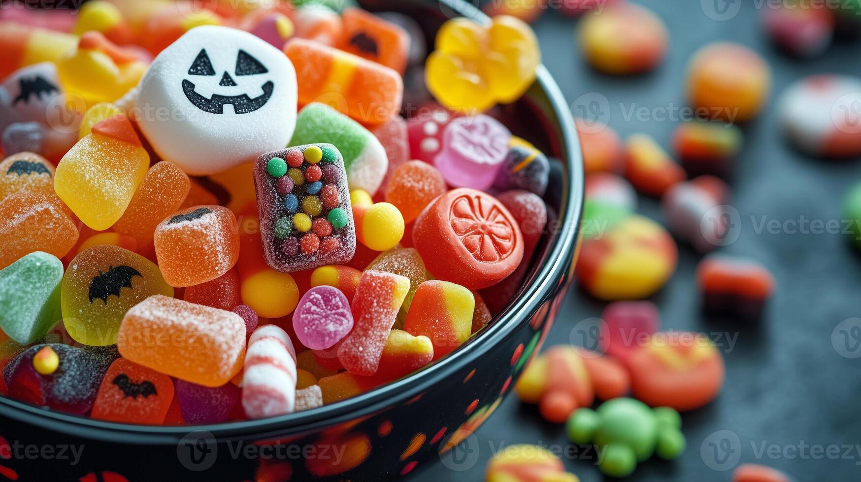 Bowl filled with a variety of Halloween-themed candies, including gummies, lollipops, and marshmallows, culinary photography photo