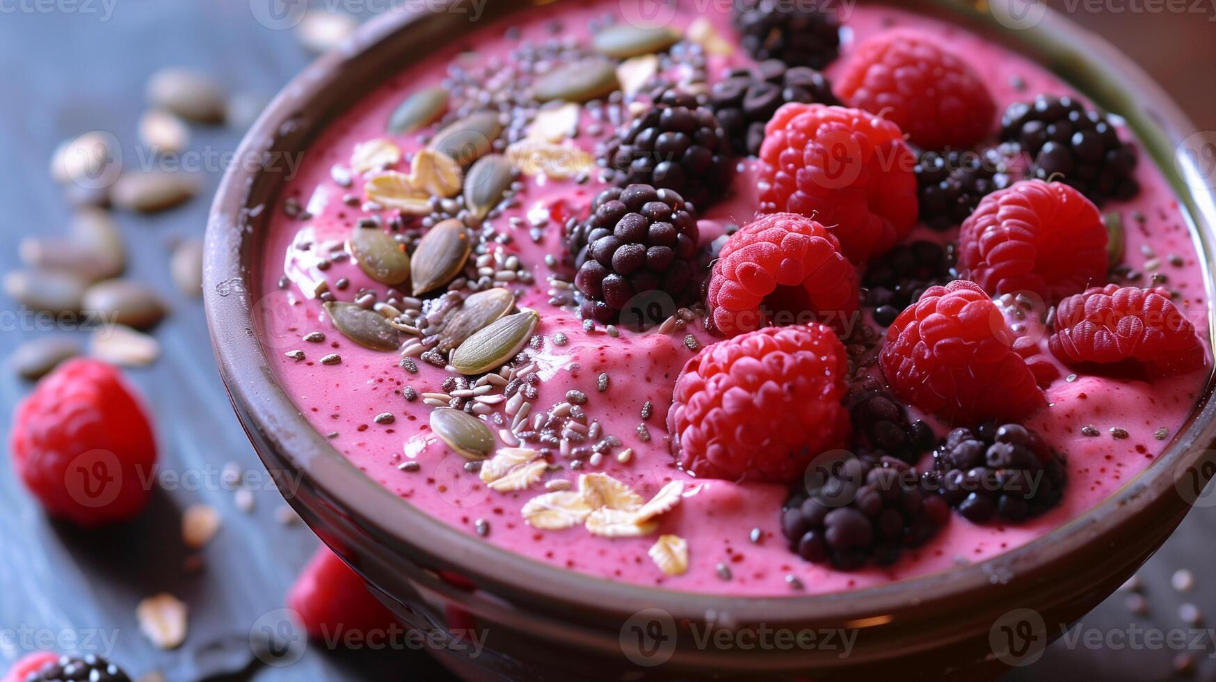 Bowl of berry smoothie topped with whole berries and seeds, culinary photography photo