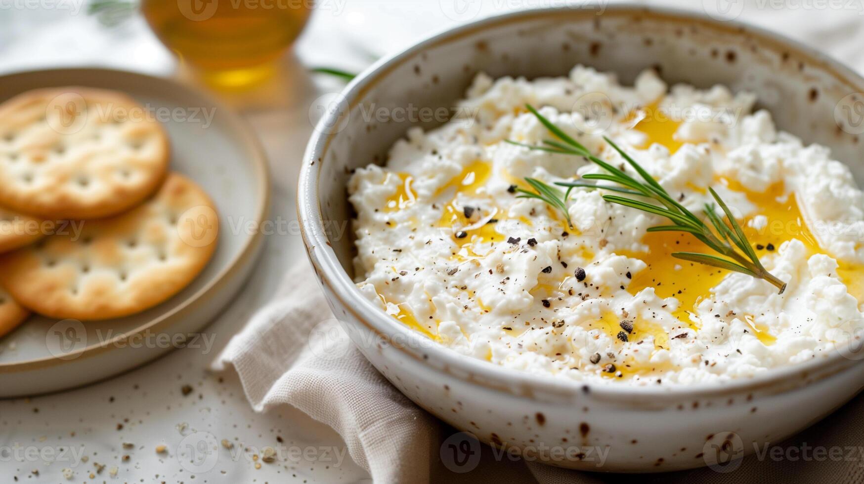 Bowl of cottage cheese with honey drizzle next to a plate of crackers, culinary photography photo