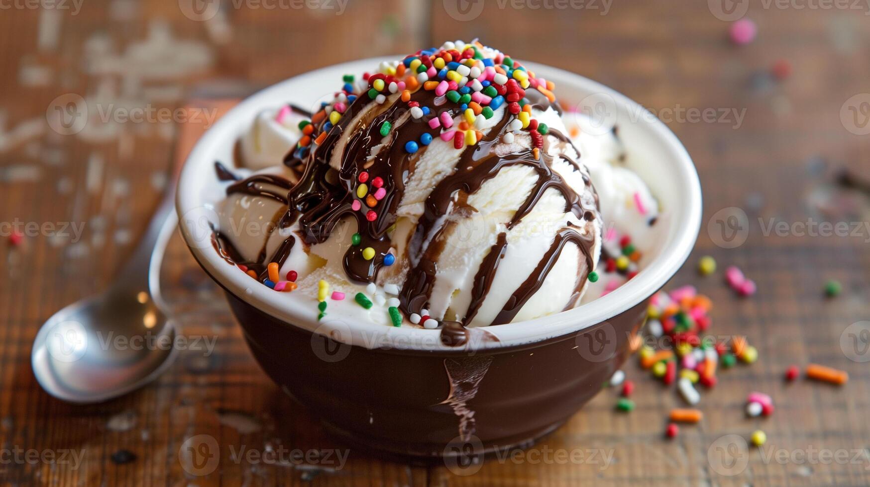 Bowl of ice cream with sprinkles and a chocolate drizzle on top, food photography photo