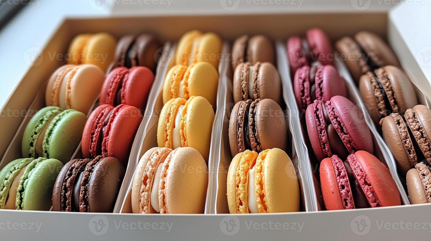 Box filled with neatly lined up macarons in assorted colors, showcasing different fillings, culinary photography photo