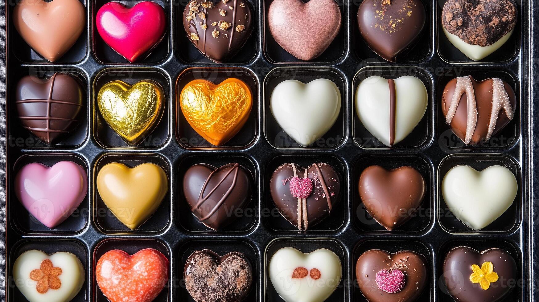 Box of assorted heart-shaped chocolates with different fillings in a grid, food photography photo