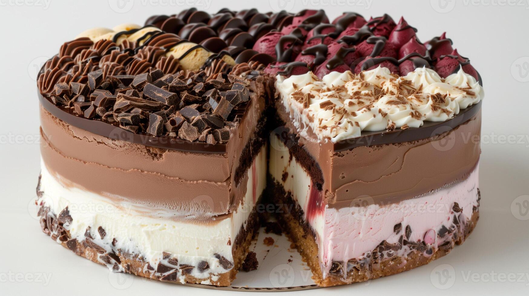 Cake with chocolate topping and cut section showing different ice cream flavors, culinary photography photo