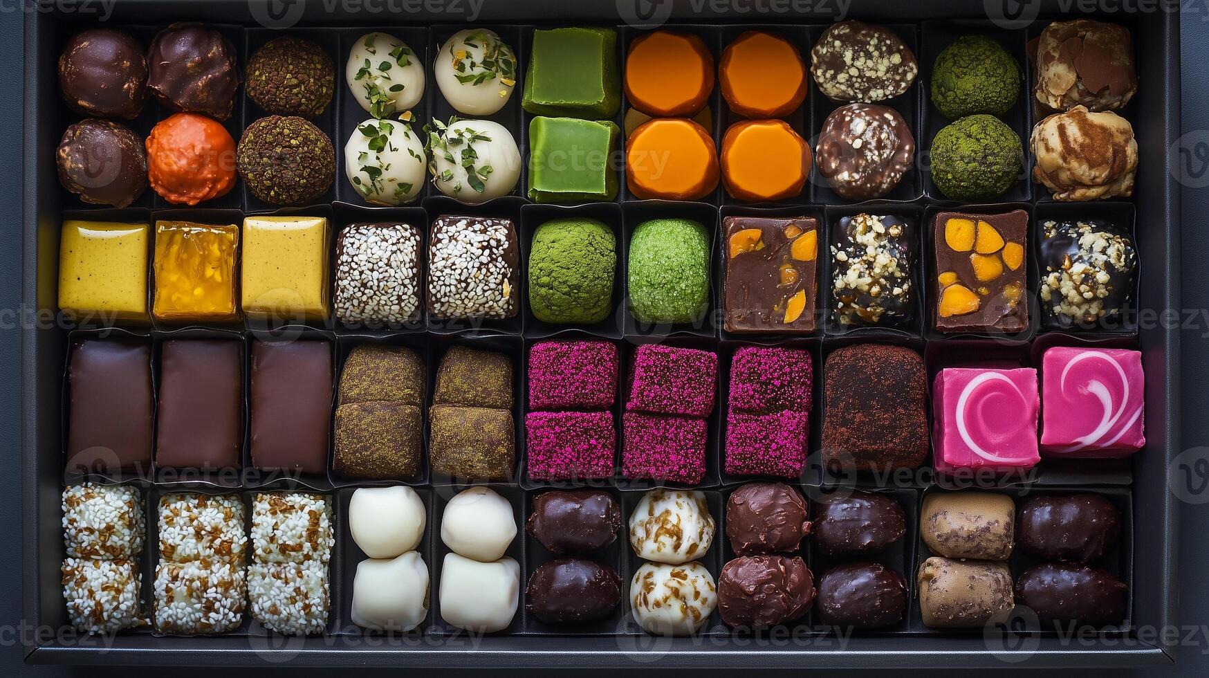 Box of assorted plant-based bonbons arranged in rows, with various shapes and textures, culinary photography photo