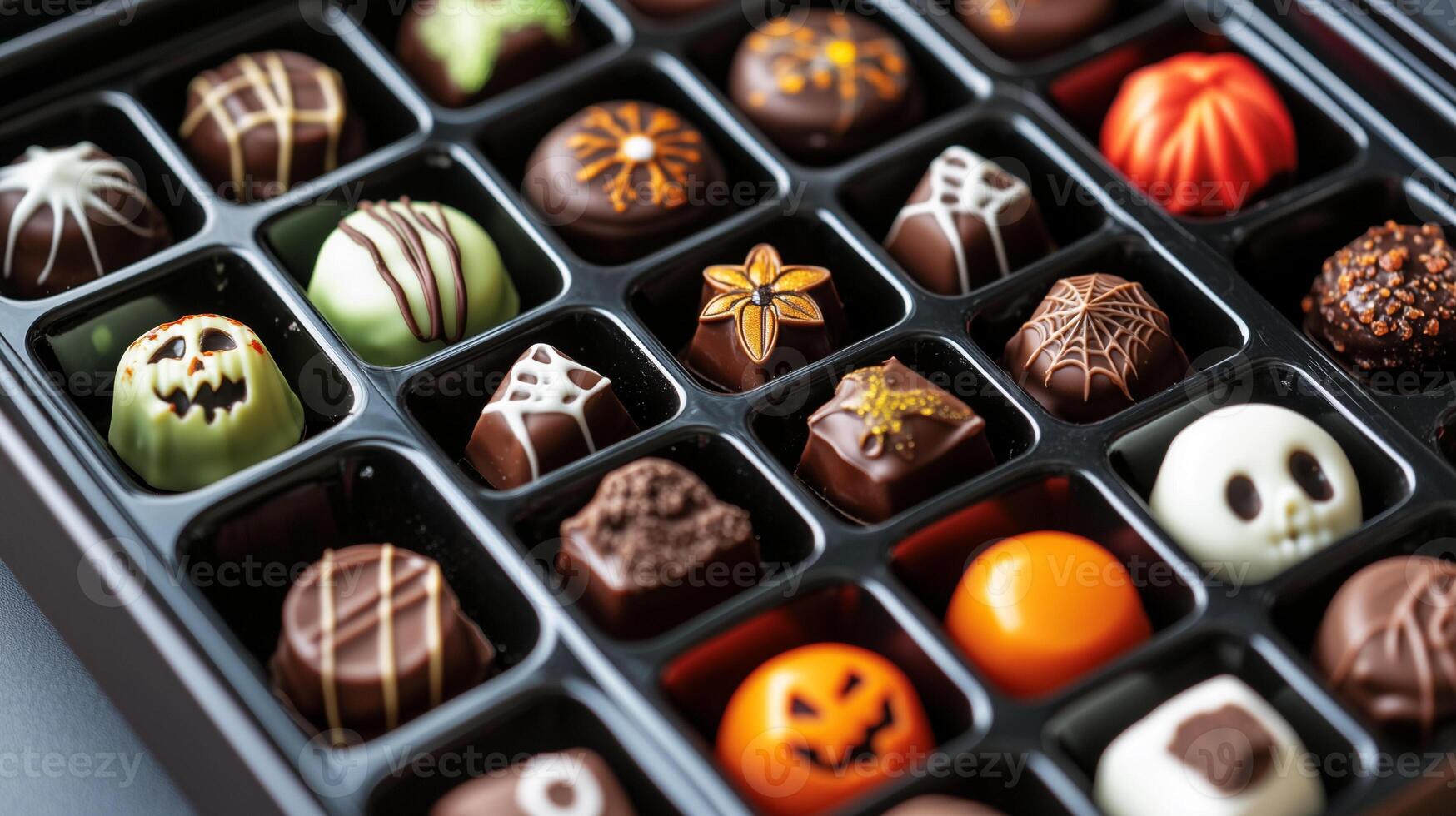 Box of Halloween-themed chocolates, with each piece shaped like seasonal symbols, displayed in rows, food photography photo