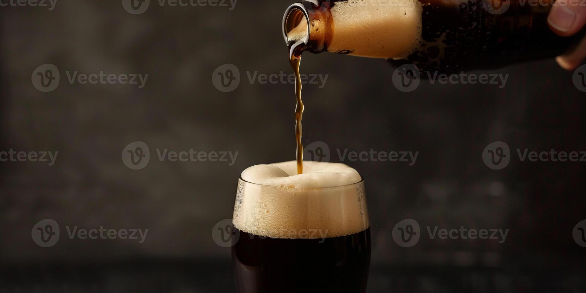 Stout beer being poured into a glass from a bottle, foam rising to the top, culinary photography photo
