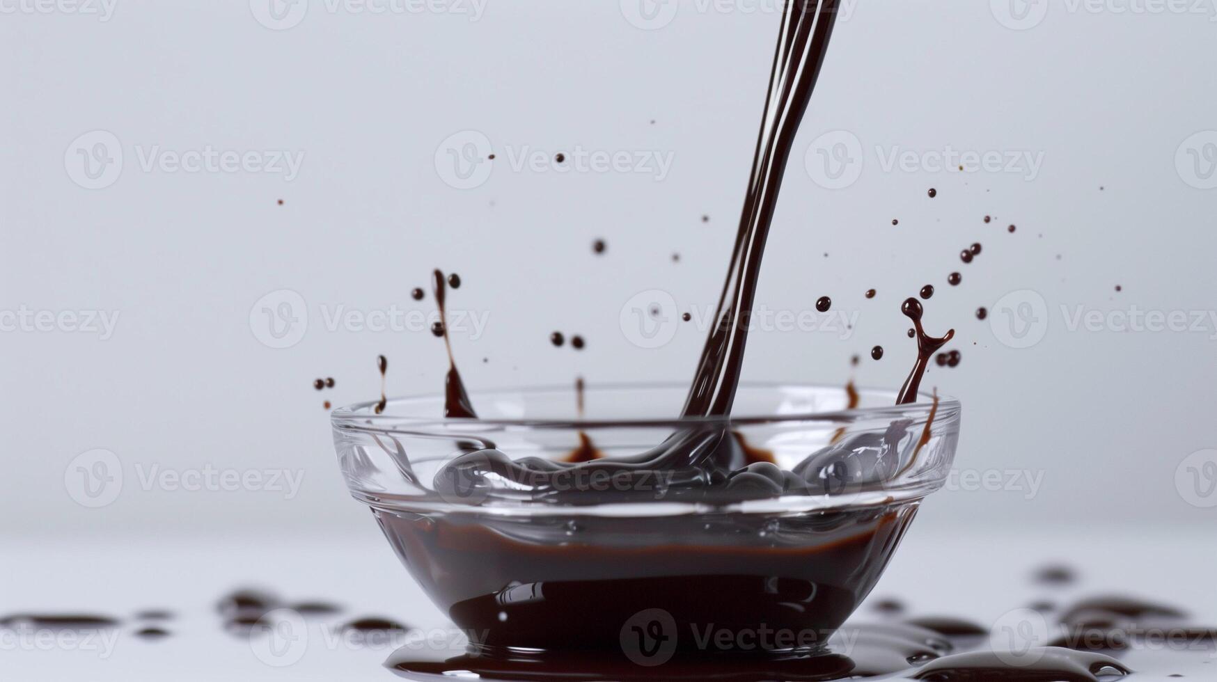 Stream of chocolate syrup pours into a glass bowl, against a neutral background, food photography photo