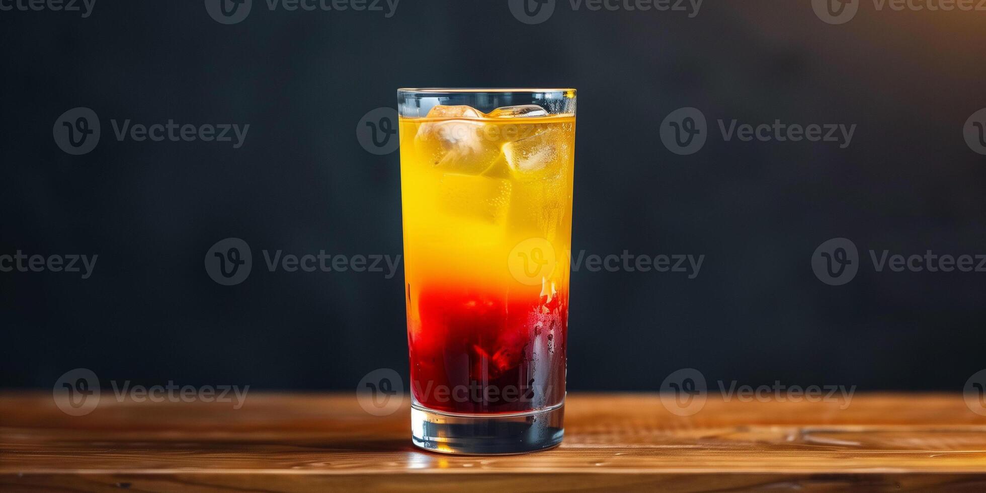 Tall glass with layered drink transitioning from yellow to red, food photography photo