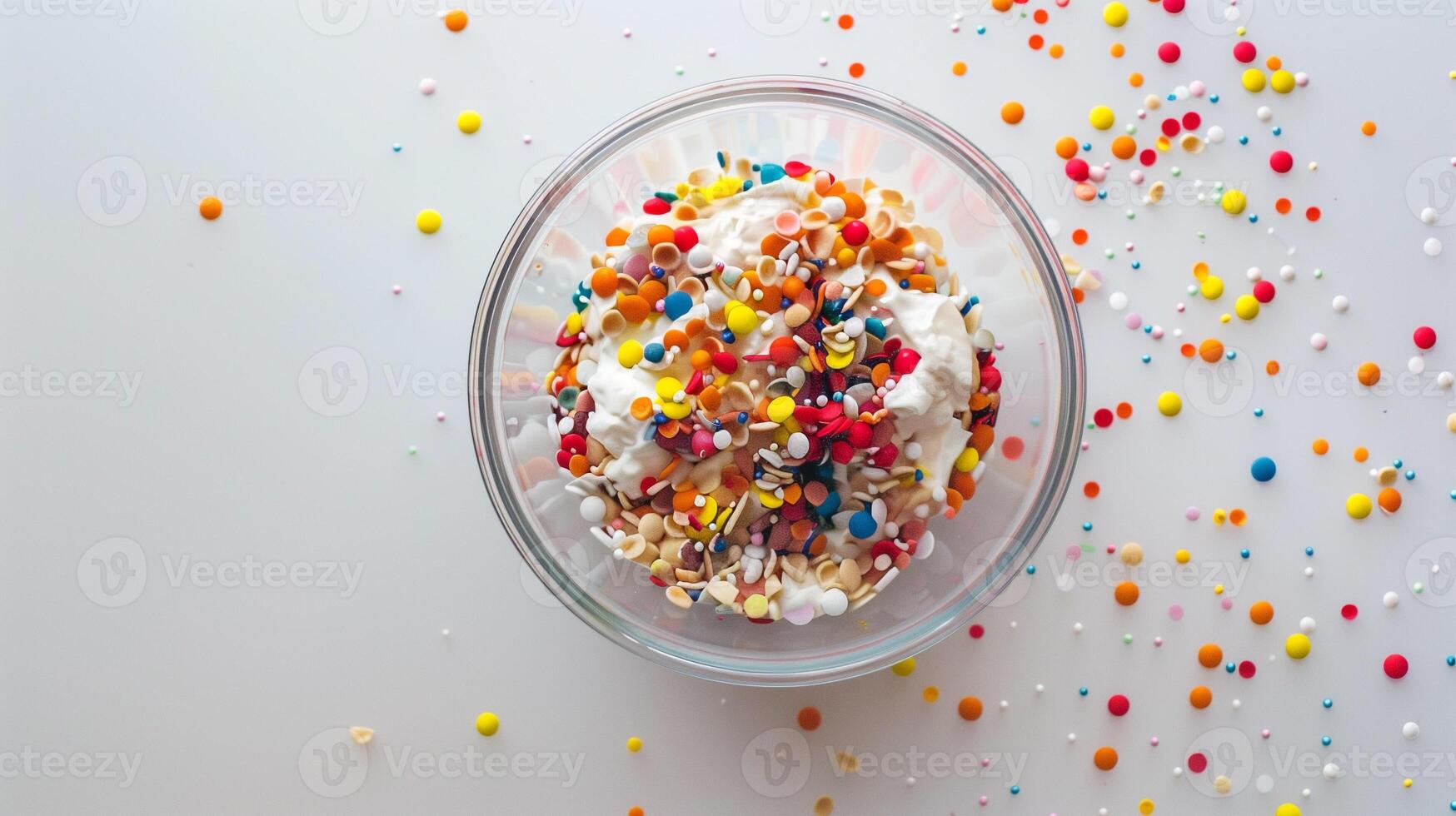 Transparent bowl filled with a mix of small, colorful decorative toppings on a white table, food photography photo