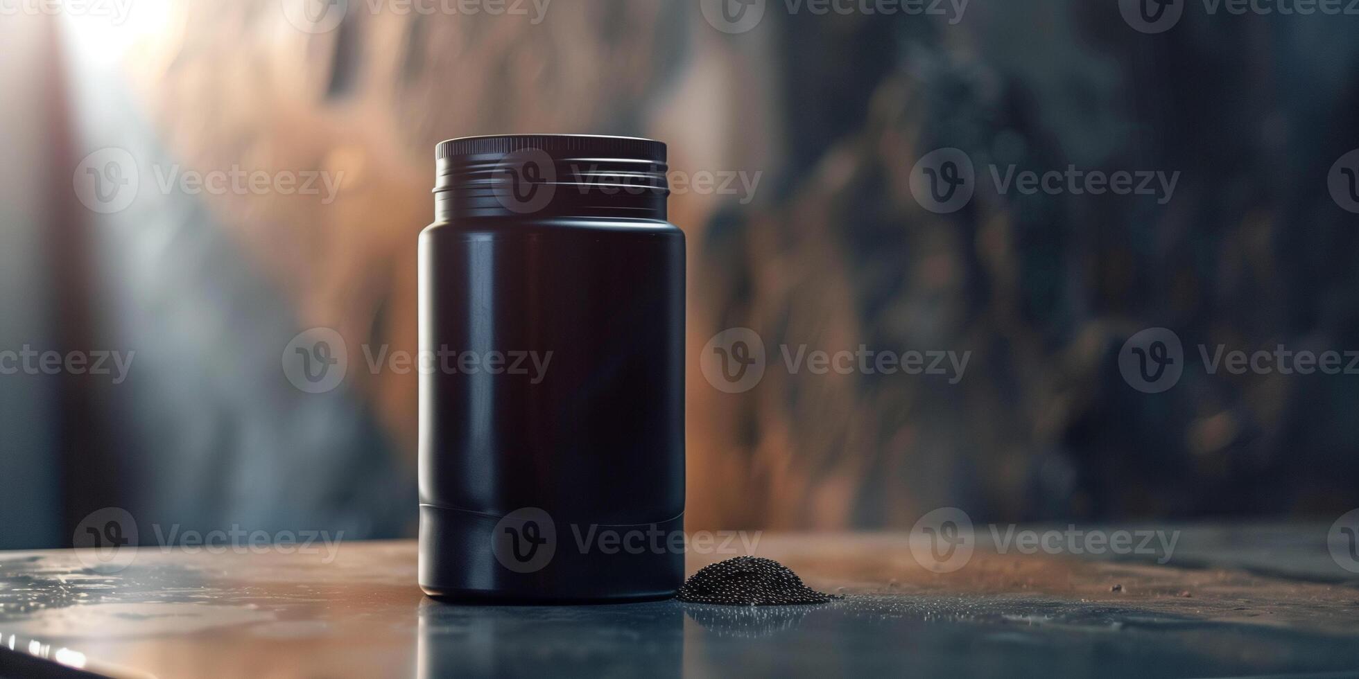 Protein drink container with visible nutritional information, placed on a metal surface, culinary photography photo
