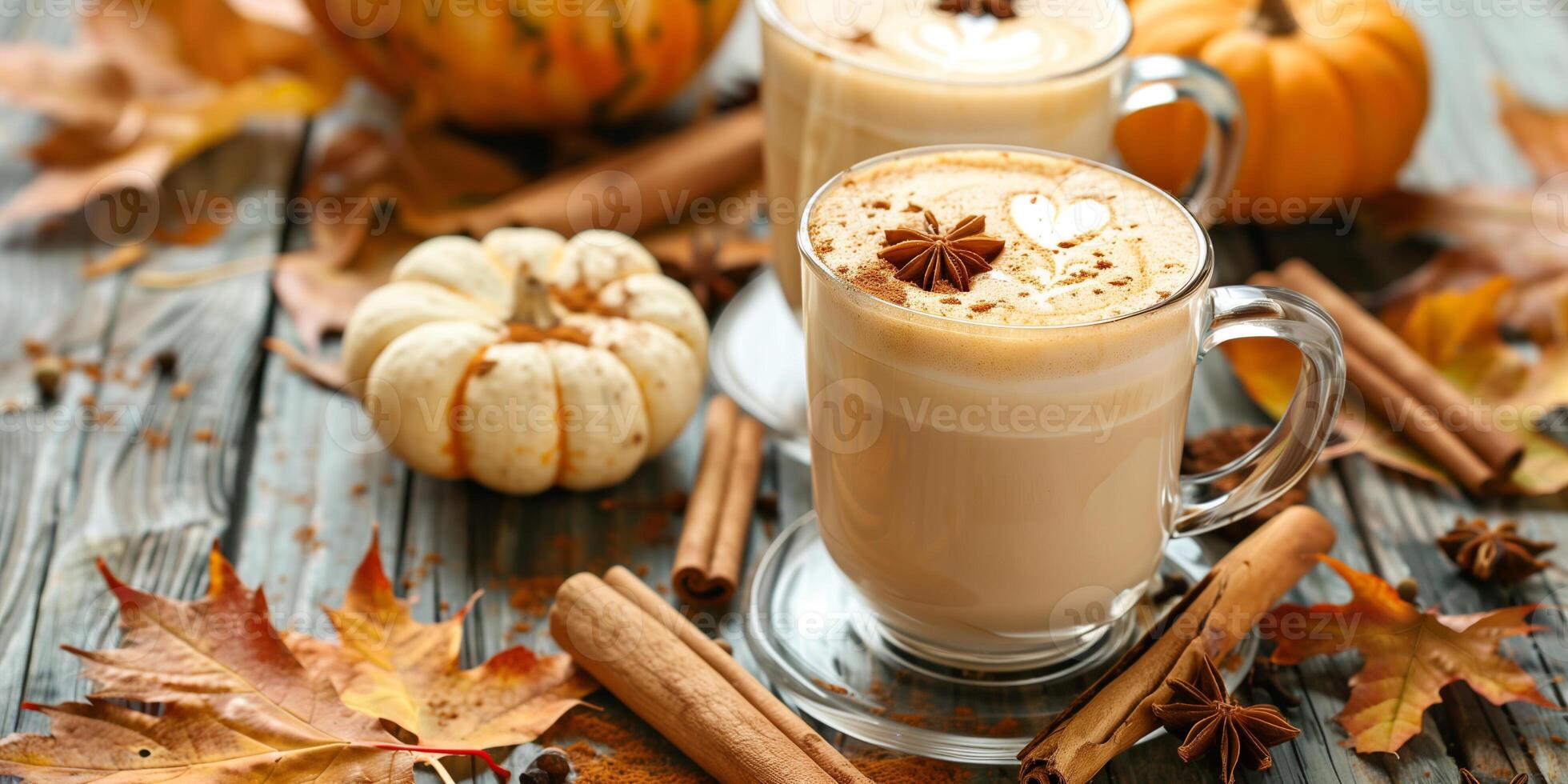 Pumpkin spice lattes in glass cups on a table, surrounded by autumn leaves and whole spices, culinary photography photo