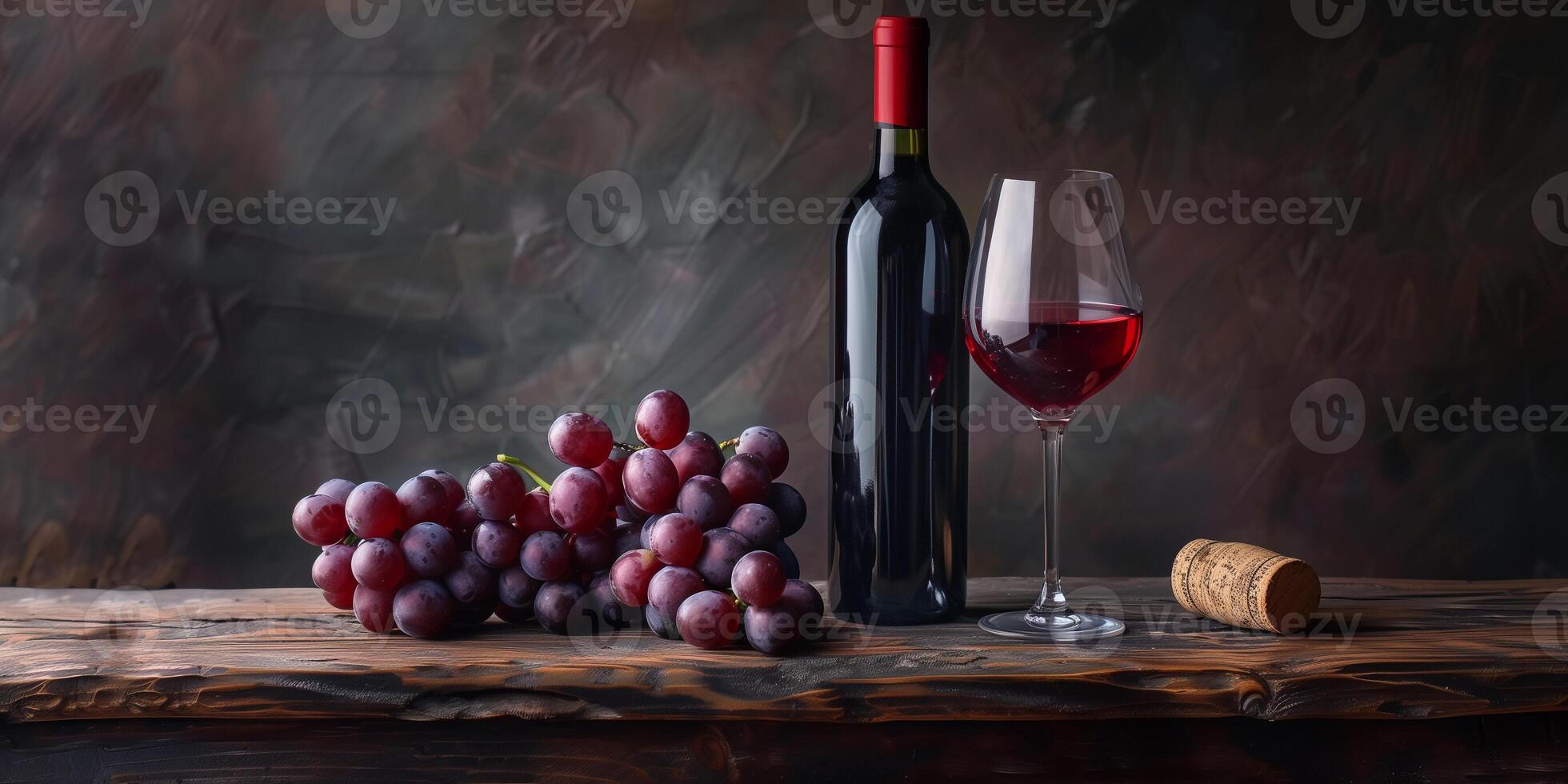 Red wine in a glass, with an unopened bottle and a bunch of grapes on a rustic table, food photography photo