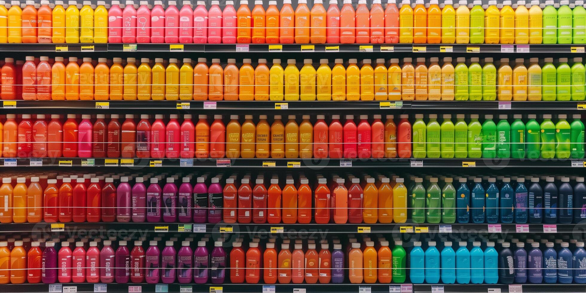 Ready-to-drink nutritional beverages neatly arranged in rows on a retail shelf, culinary photography photo