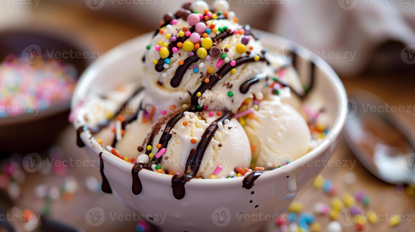 Bowl of ice cream with sprinkles and a chocolate drizzle on top, gastronomy photography photo