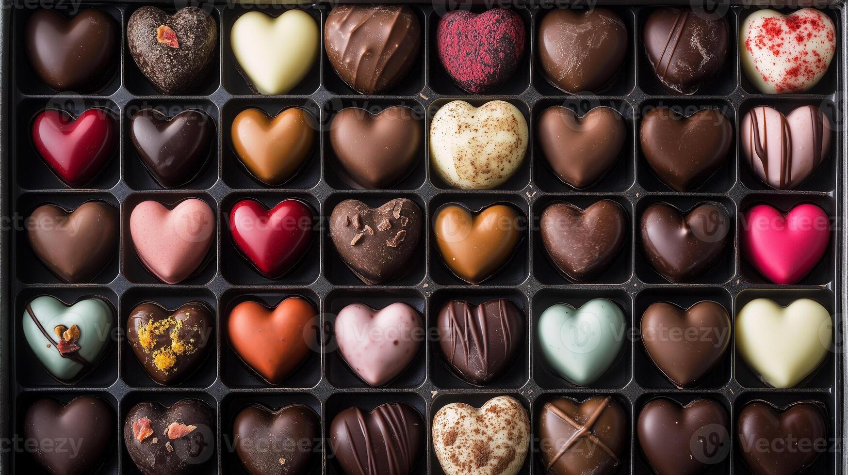 Box of assorted heart-shaped chocolates with different fillings in a grid, gastronomy photography photo