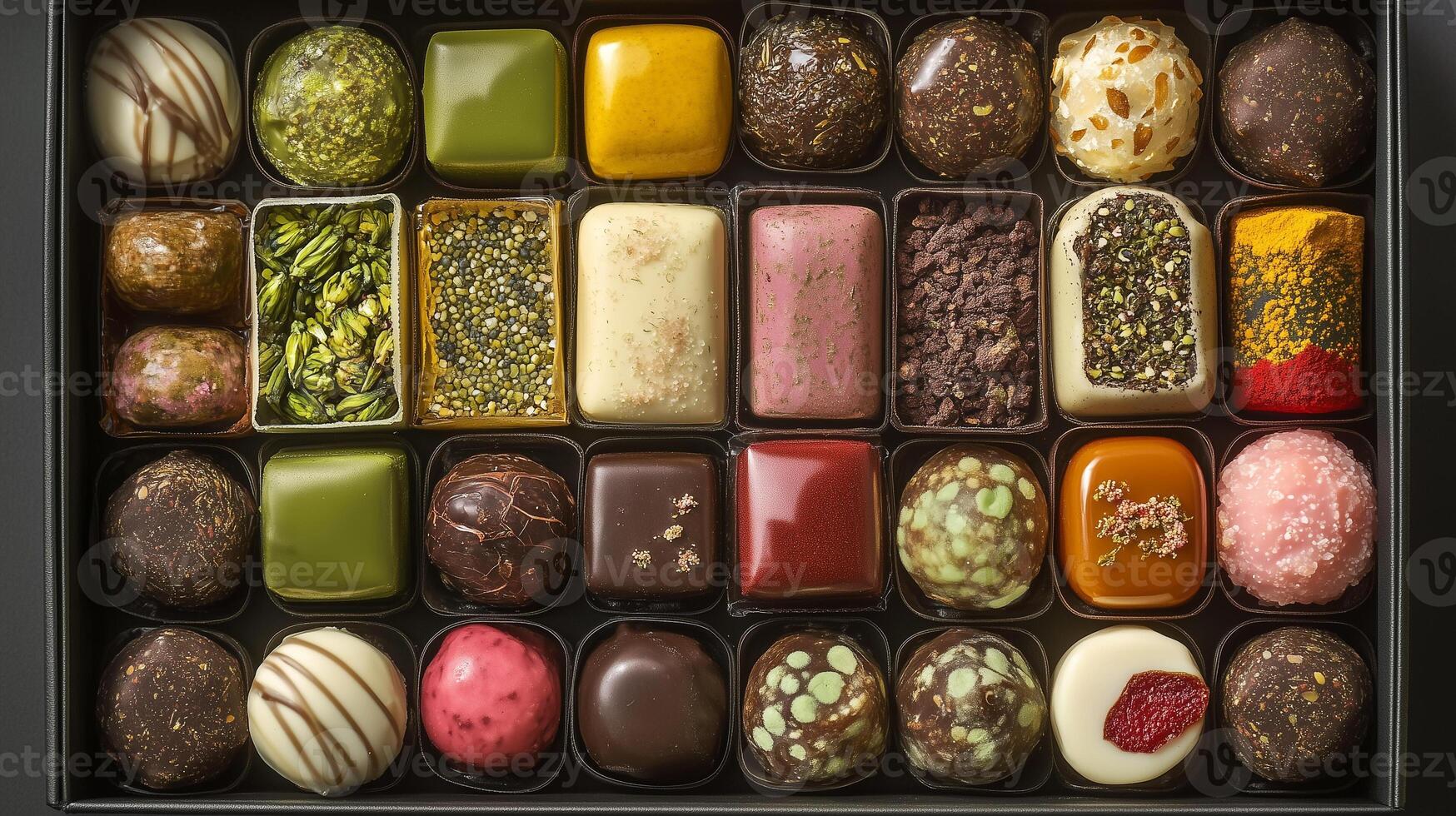 Box of assorted plant-based bonbons arranged in rows, with various shapes and textures, photorealistic food photo