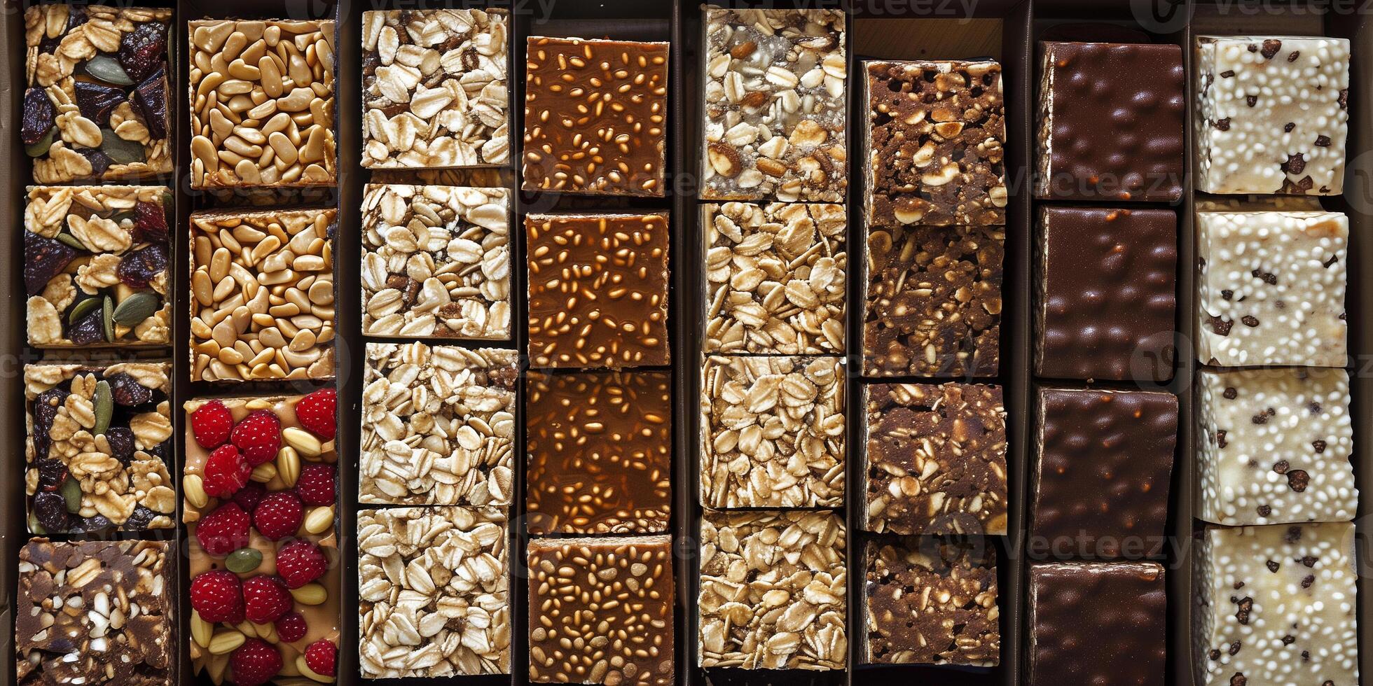 Box of meal replacement bars arranged neatly in rows with clear labeling, gastronomy photography photo