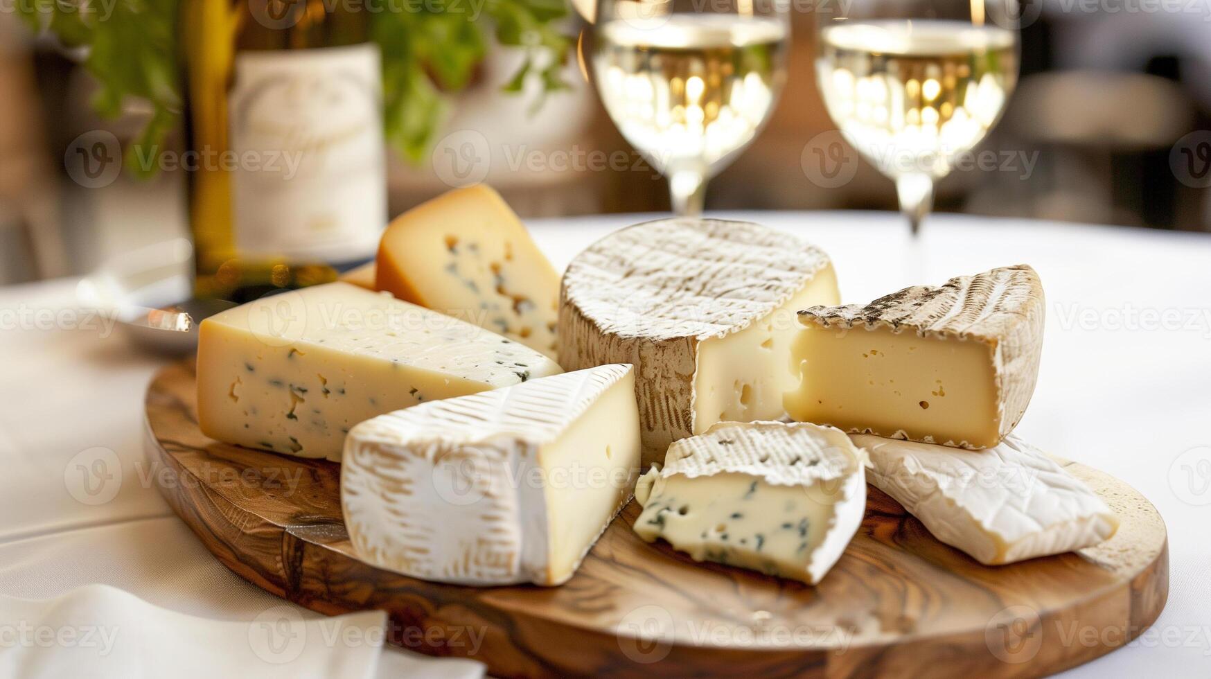 Cheese platter with various cheeses and a glass of white wine on a wooden board, gastronomy photography photo
